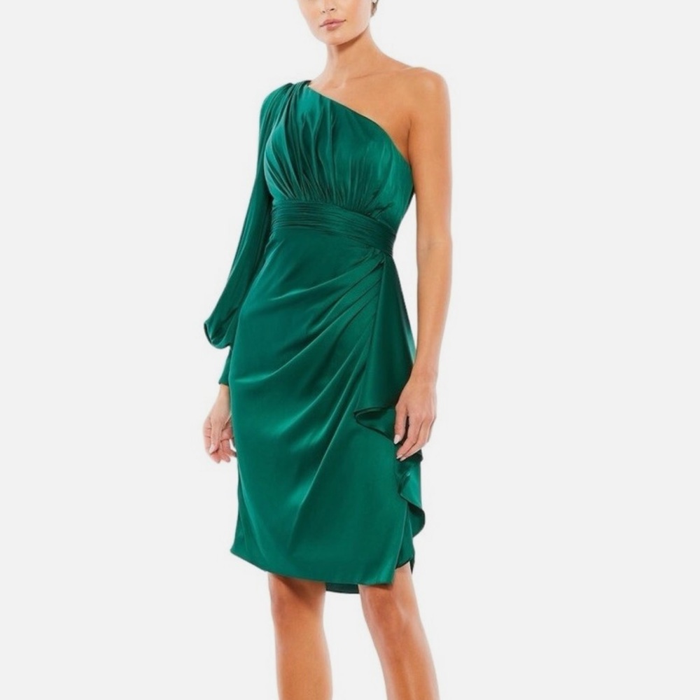 Ieena For Mac Duggal New One-Shoulder Emerald Green Draped Cocktail Dress